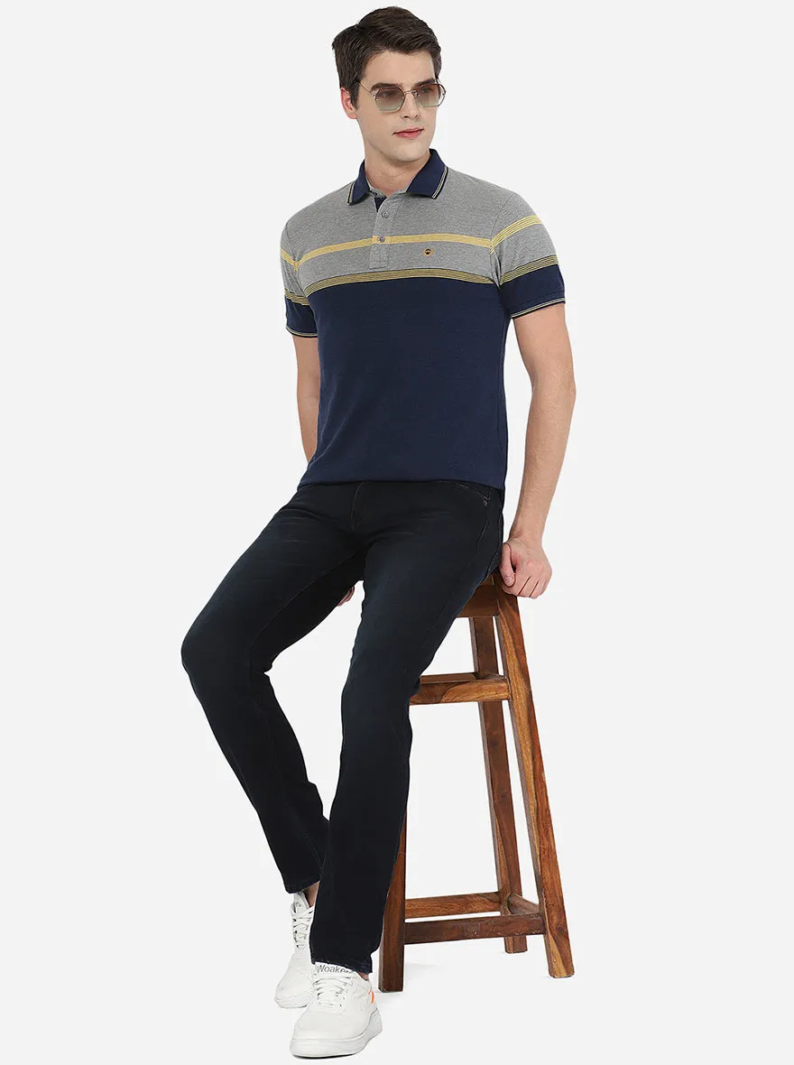 Grey & Navy Blue Striped Slim Fit Polo T-Shirt | JadeBlue