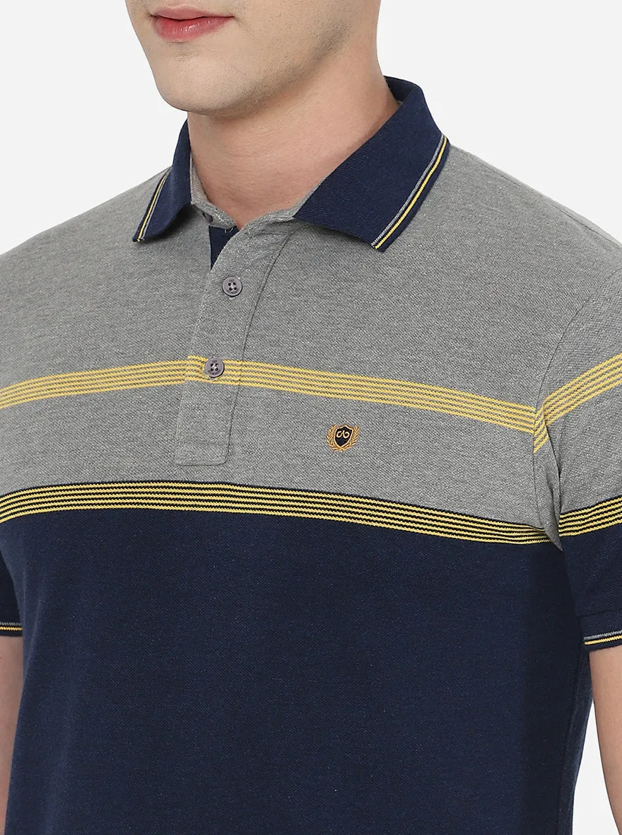 Grey & Navy Blue Striped Slim Fit Polo T-Shirt | JadeBlue