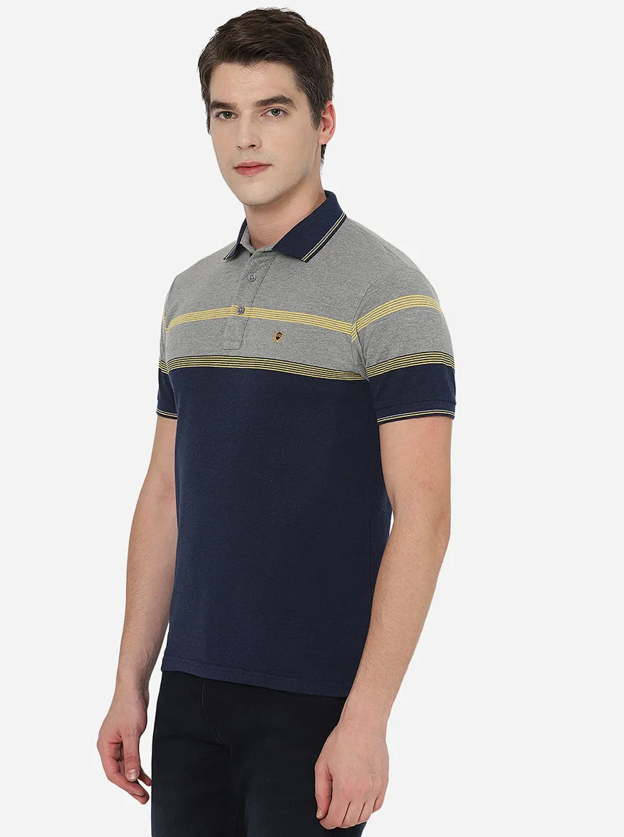 Grey & Navy Blue Striped Slim Fit Polo T-Shirt | JadeBlue