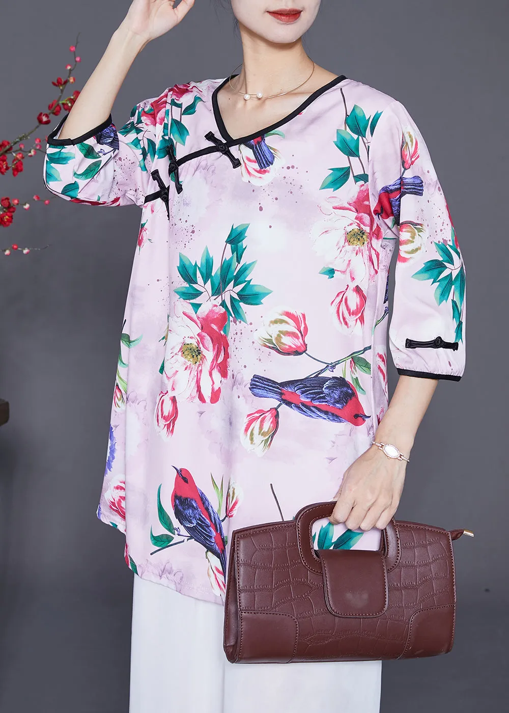 Handmade Light Purple Chinese Button Print Chiffon Blouses Half Sleeve LY6571