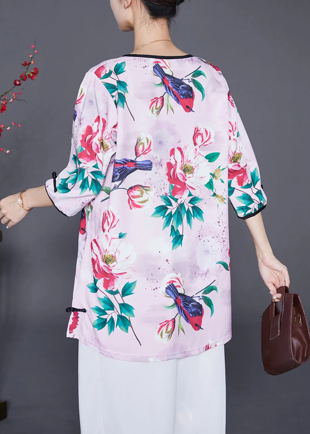 Handmade Light Purple Chinese Button Print Chiffon Blouses Half Sleeve LY6571