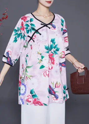 Handmade Light Purple Chinese Button Print Chiffon Blouses Half Sleeve LY6571