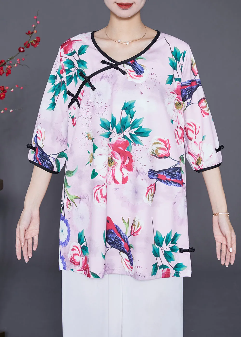 Handmade Light Purple Chinese Button Print Chiffon Blouses Half Sleeve LY6571