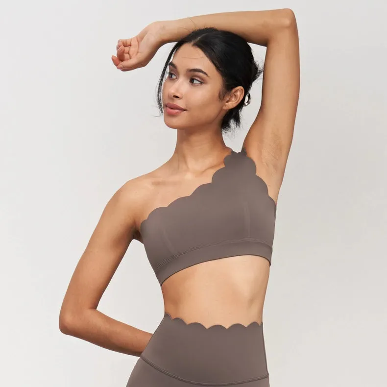 Helena Scalloped One Shoulder Sports Bra Khaki Brown