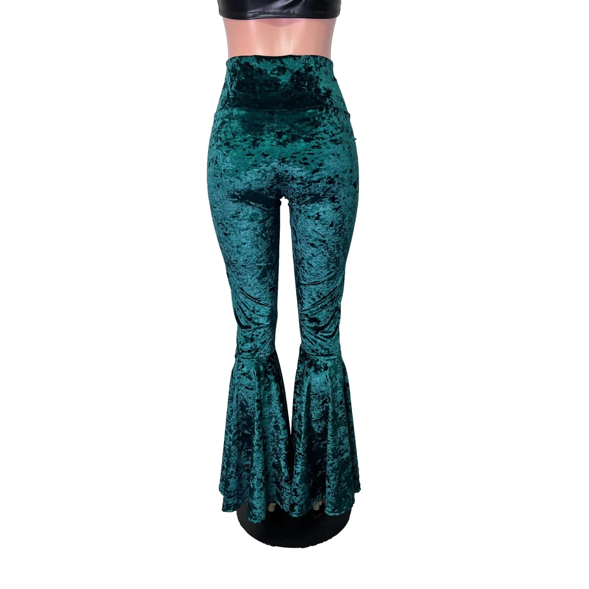 Hunter Green Crushed Velvet High Waist Lace-Up Bell Bottom Flares