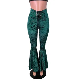 Hunter Green Crushed Velvet High Waist Lace-Up Bell Bottom Flares