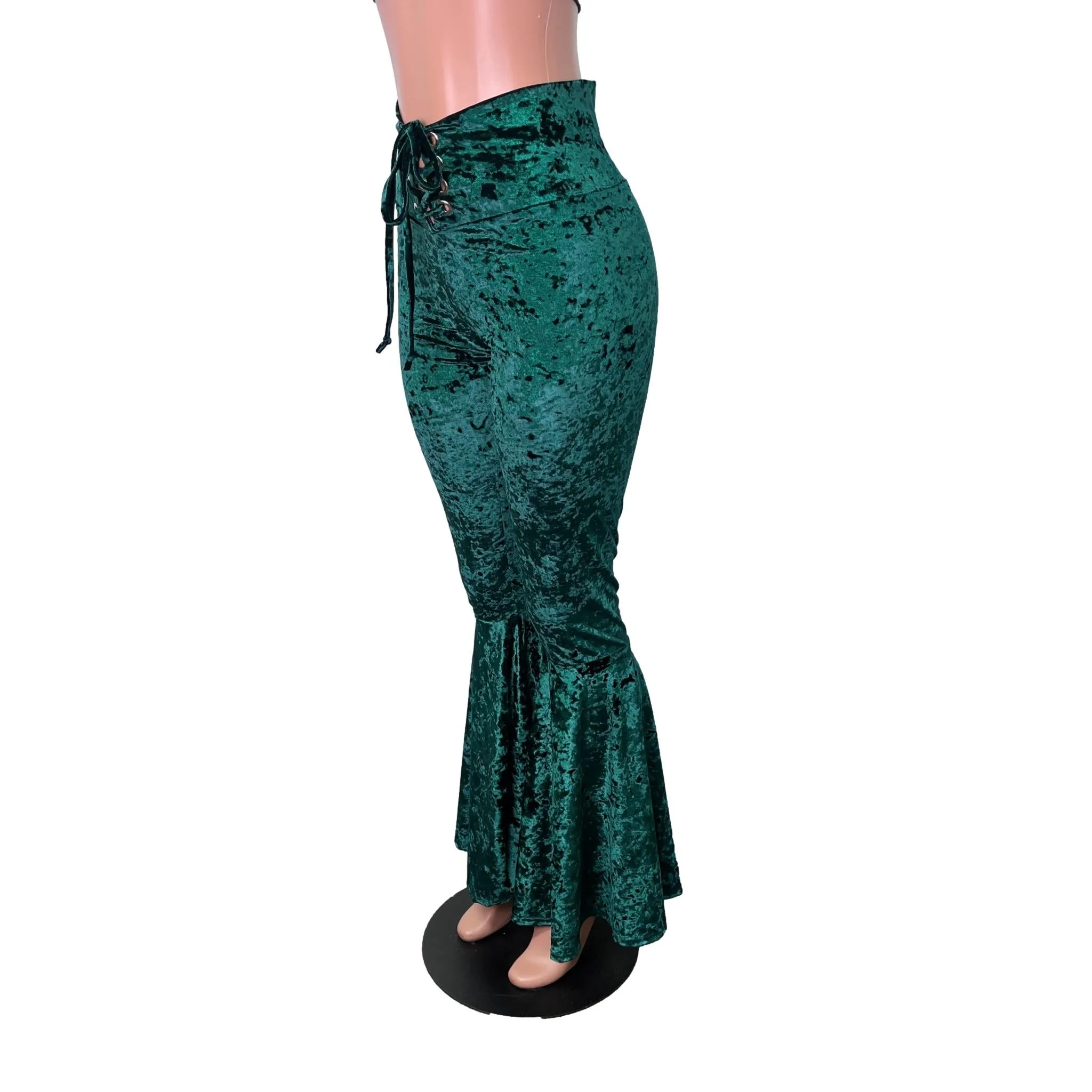 Hunter Green Crushed Velvet High Waist Lace-Up Bell Bottom Flares