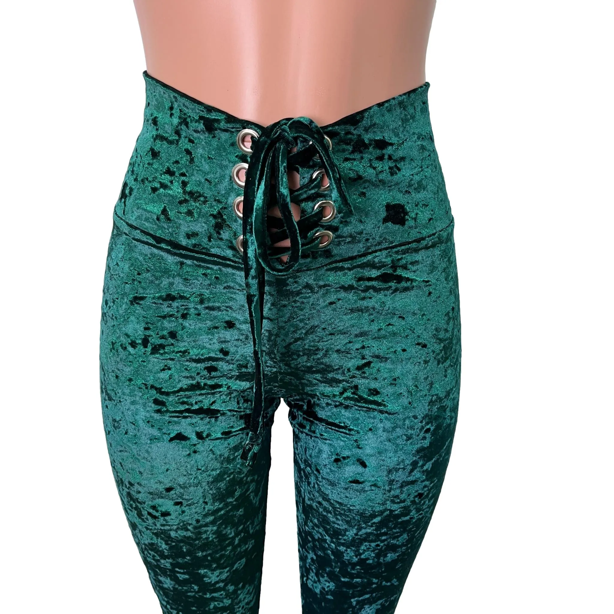 Hunter Green Crushed Velvet High Waist Lace-Up Bell Bottom Flares