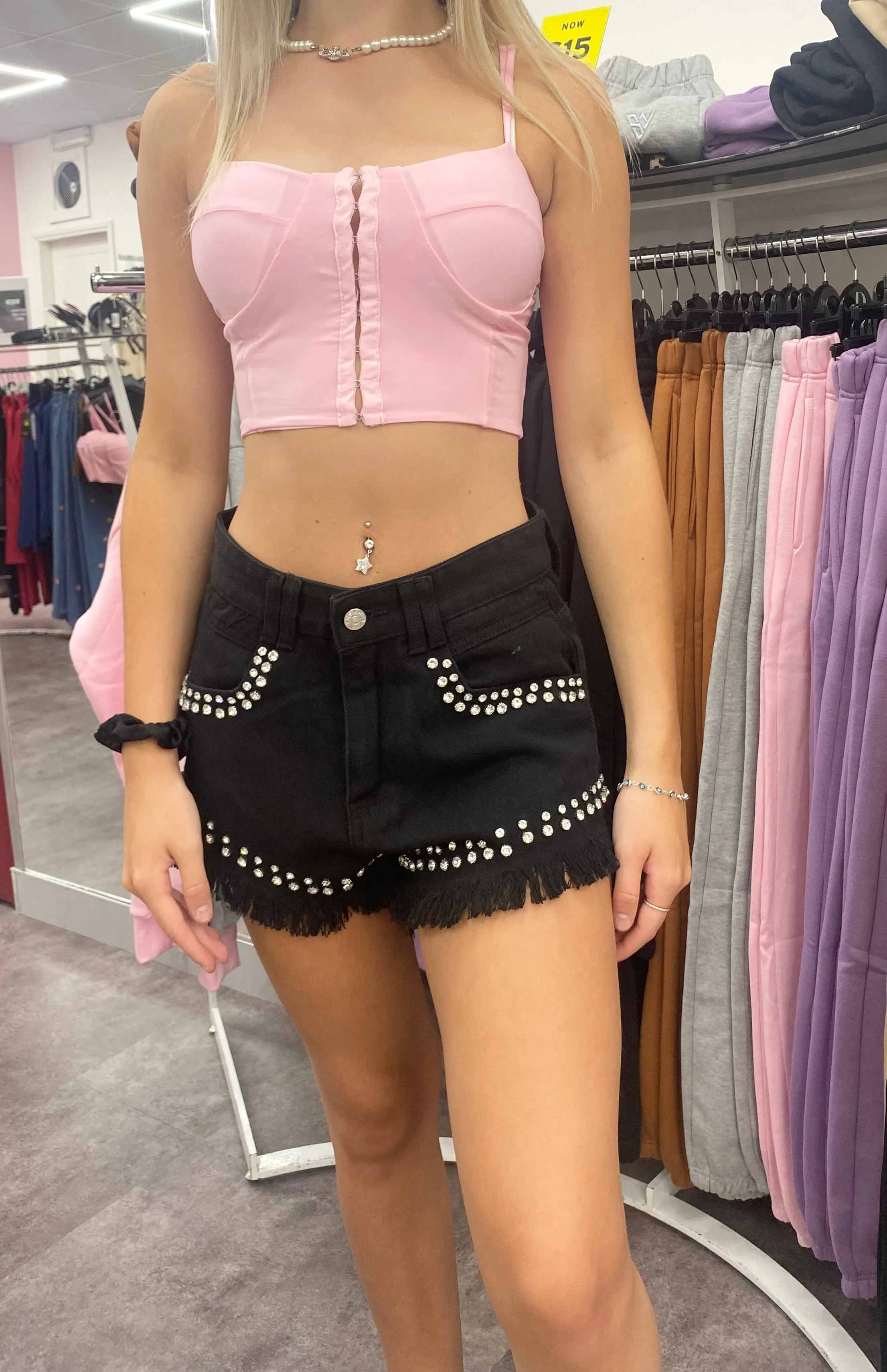 JAZMIN  EMBELLISHED DENIM SHORTS- BLACK