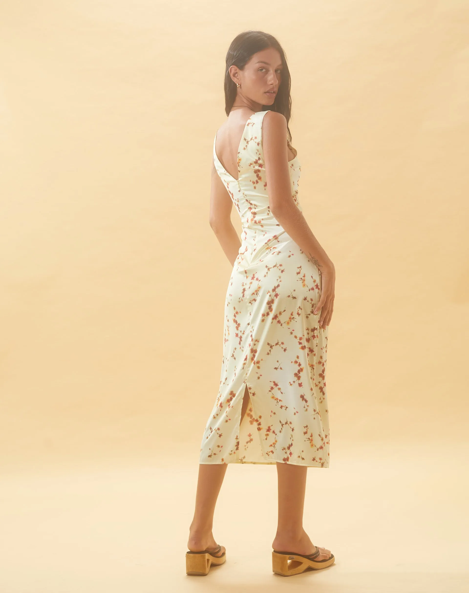 Lasanda Maxi Satin Dress in Bohemian Floral Yellow