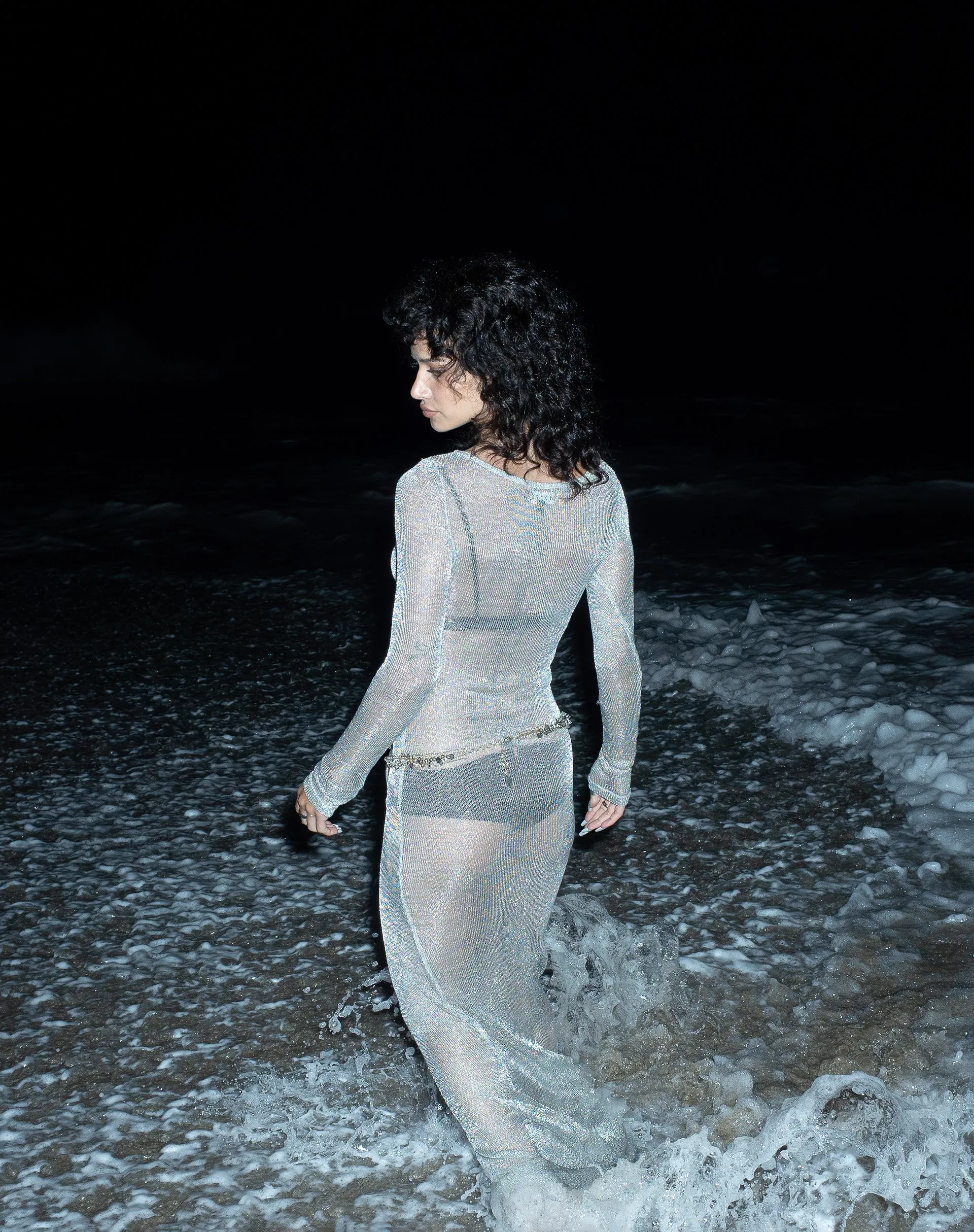 Lavinia Long Sleeve Maxi Dress in Silver Chain