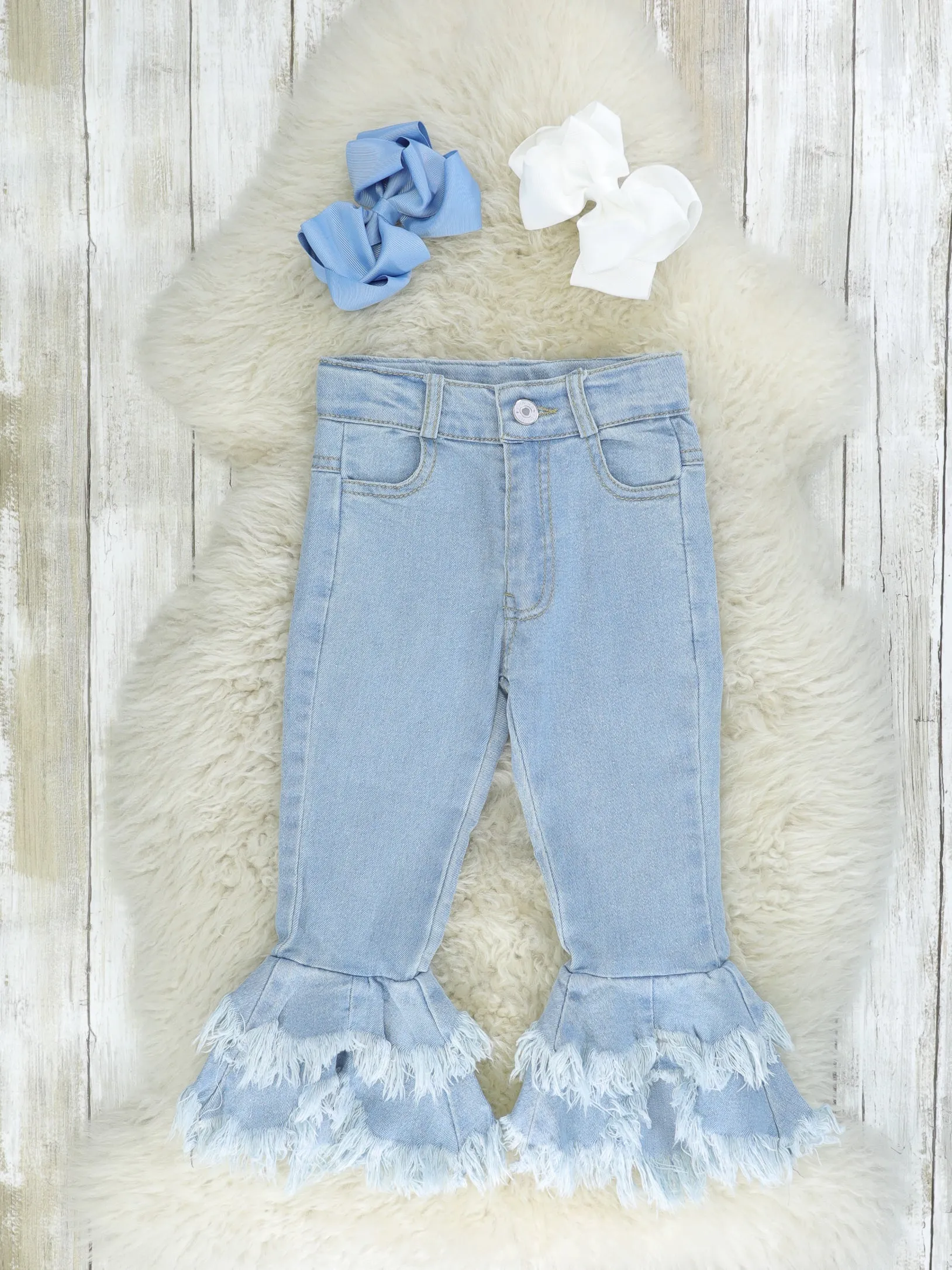 Layered Distressed Denim Bell Bottoms