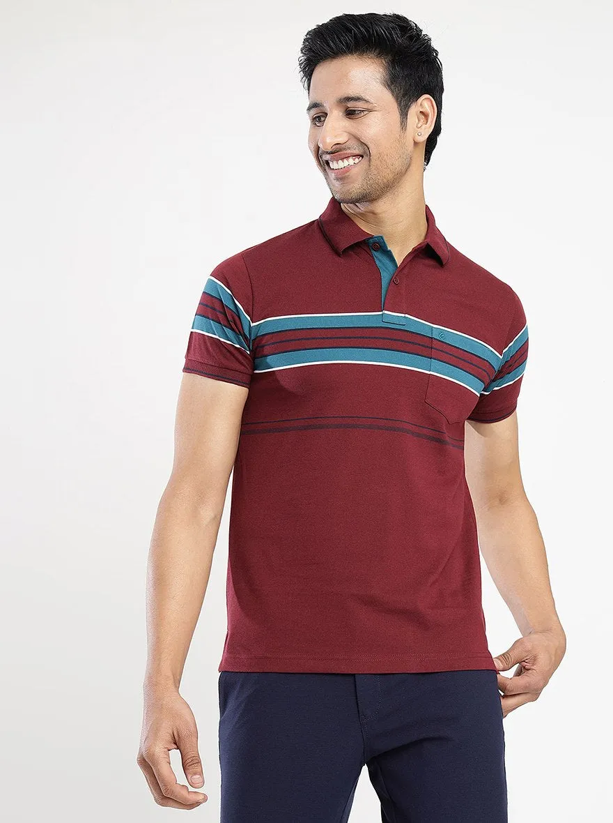 Maroon Striped Slim Fit Polo T-Shirt | Greenfibre