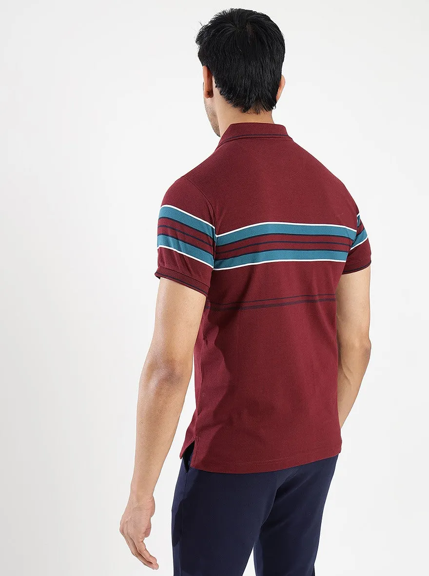 Maroon Striped Slim Fit Polo T-Shirt | Greenfibre