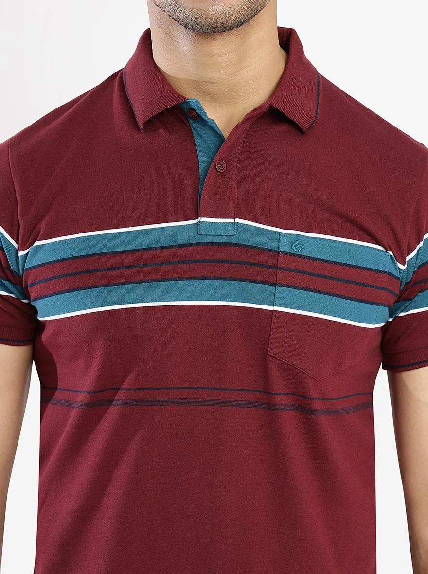 Maroon Striped Slim Fit Polo T-Shirt | Greenfibre