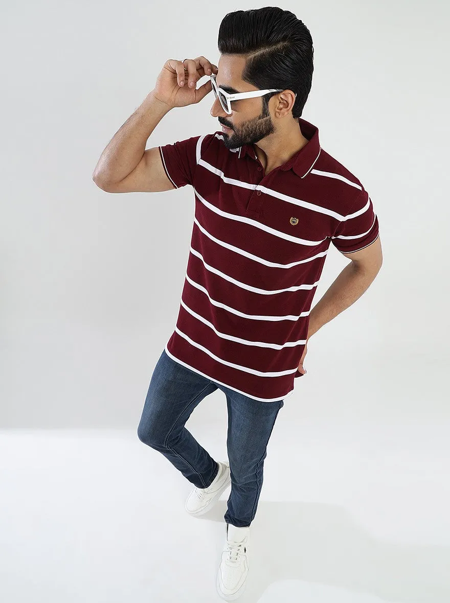 Maroon Striped Slim Fit Polo T-Shirt | JadeBlue