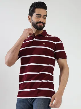 Maroon Striped Slim Fit Polo T-Shirt | JadeBlue