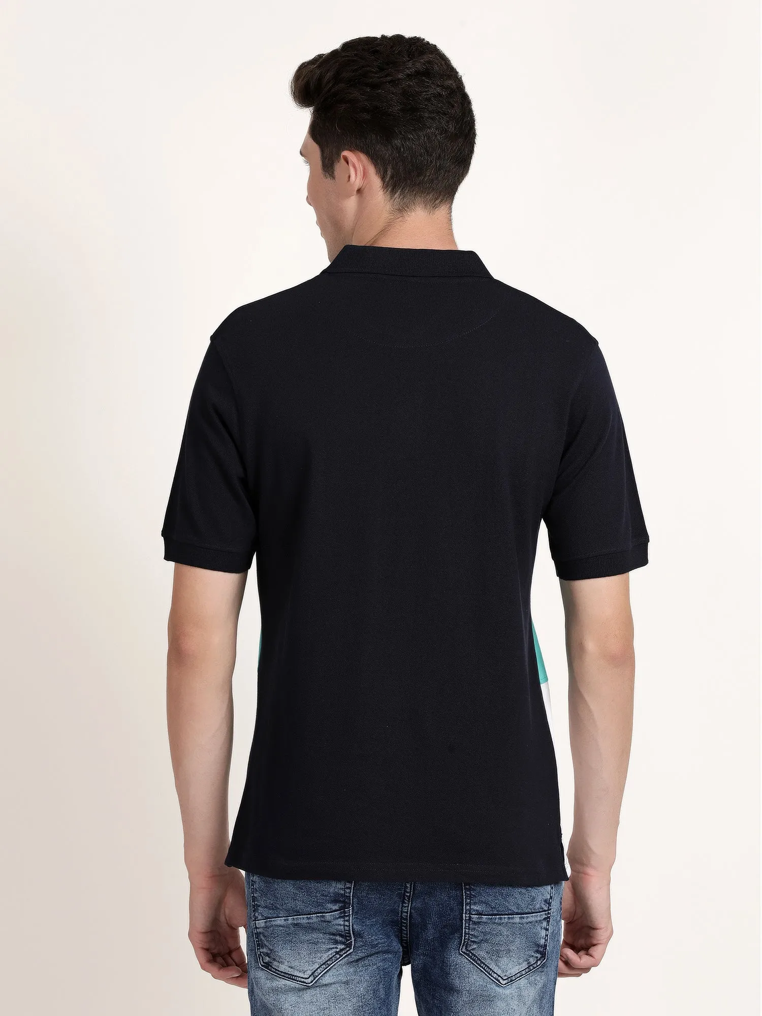 Men Black Striped Polo Collar T-shirt (CRISPA3505)