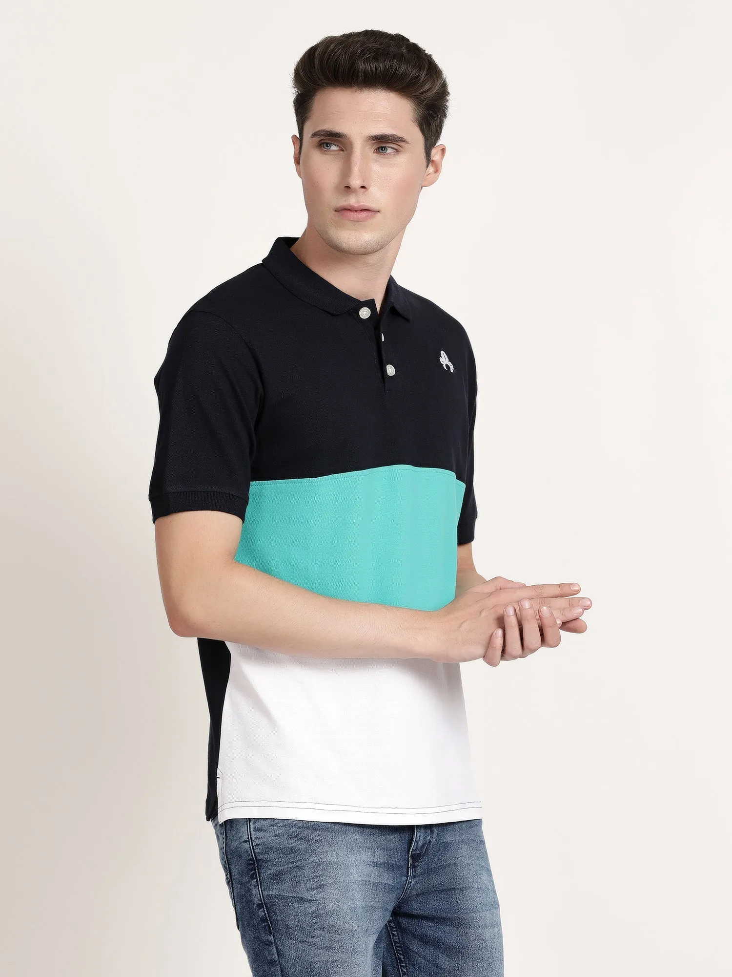 Men Black Striped Polo Collar T-shirt (CRISPA3505)