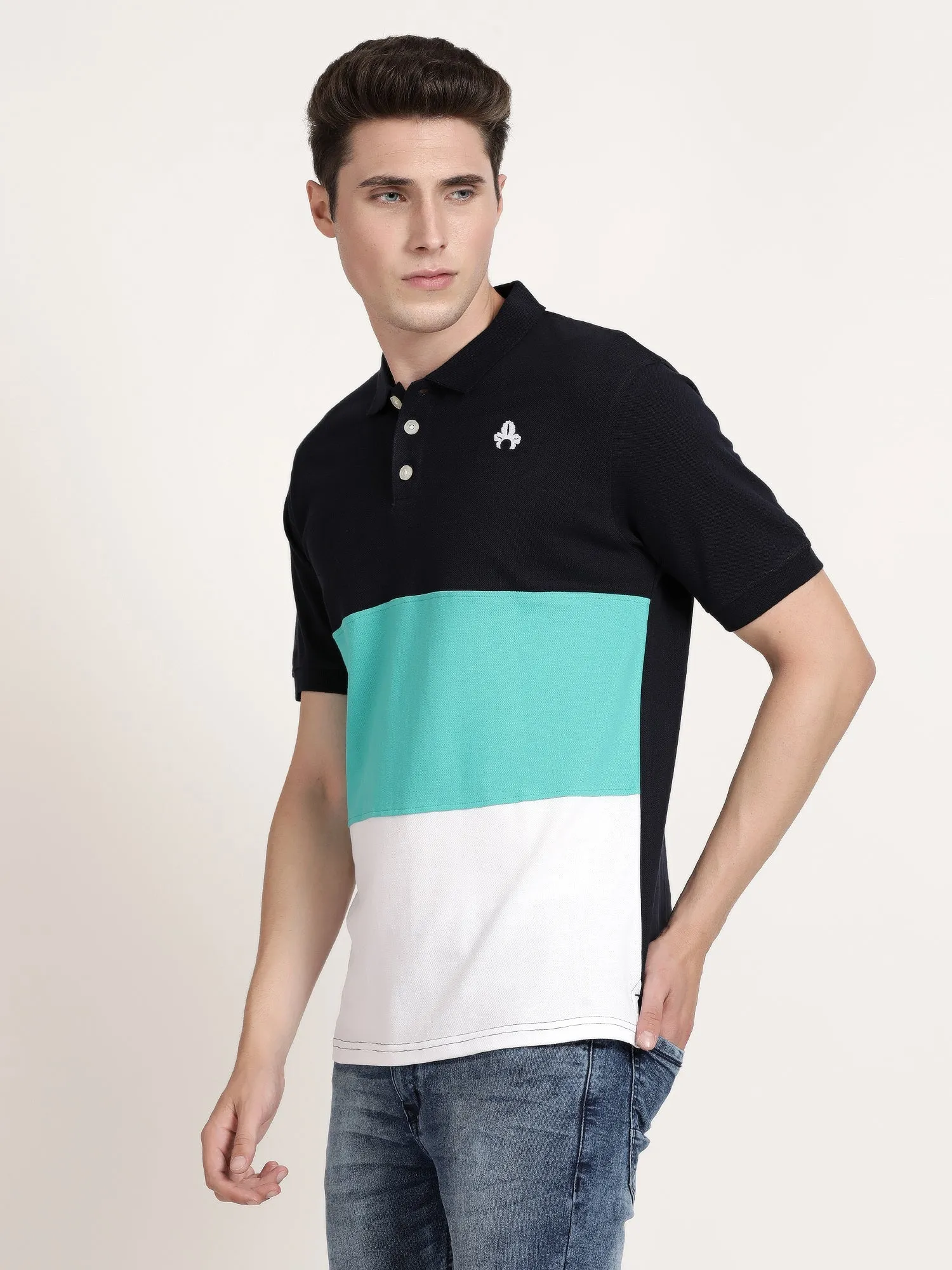 Men Black Striped Polo Collar T-shirt (CRISPA3505)