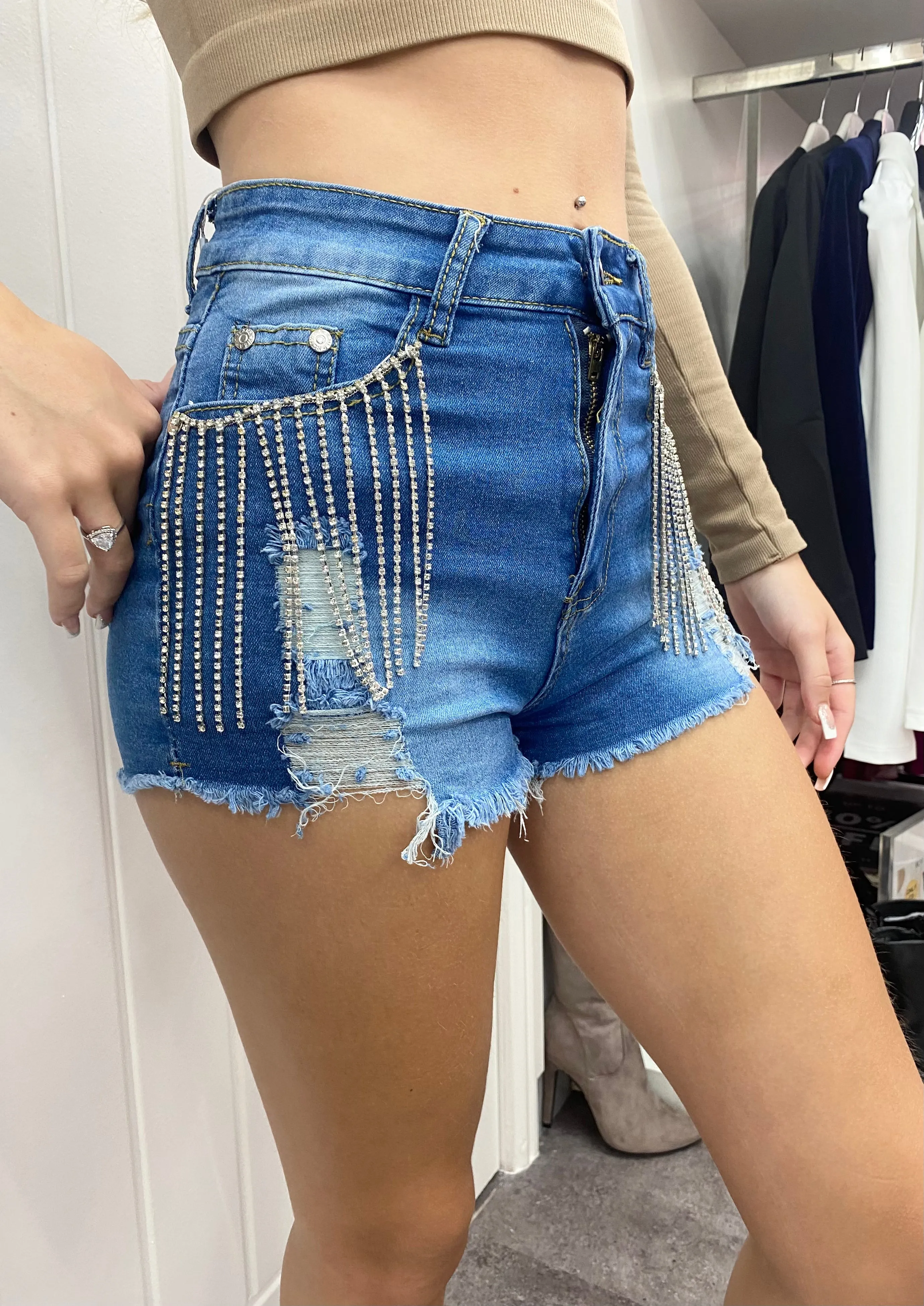 MID BLUE DENIM DAZZLE FESTIVAL SHORTS