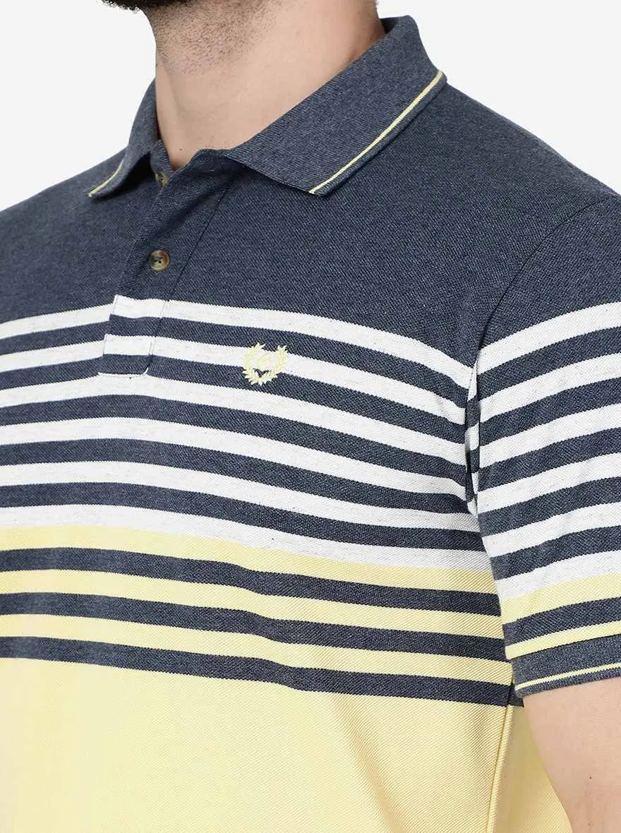 Navy Blue & Yellow Striped Slim Fit Polo T-Shirt | Greenfibre