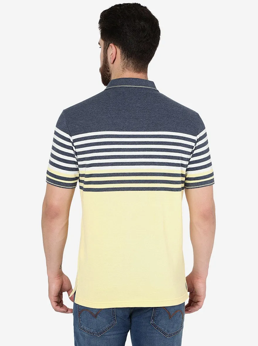 Navy Blue & Yellow Striped Slim Fit Polo T-Shirt | Greenfibre