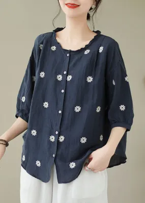 Navy Patchwork Linen Blouses Embroideried Ruffled Summer LY3942