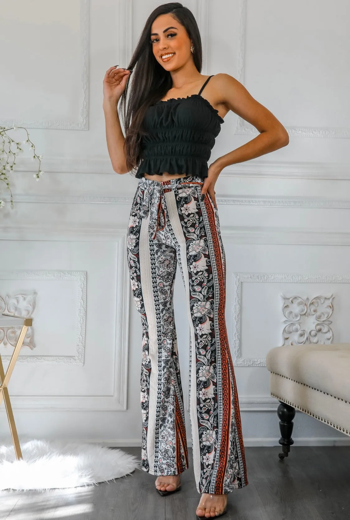 Paisley Floral Print Bell Bottoms Cream with Front Tie