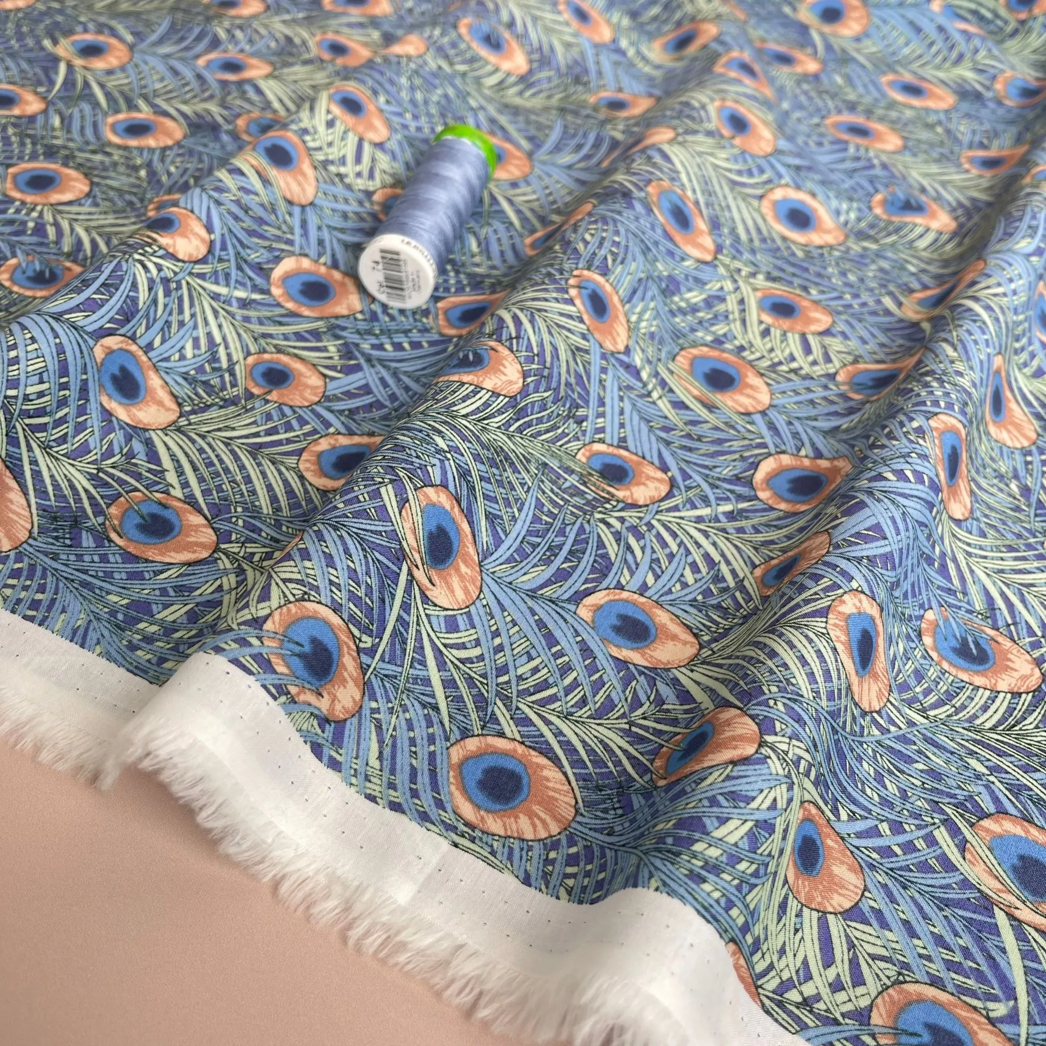 Peacock in Blue and Peach Cotton Lawn Fabric