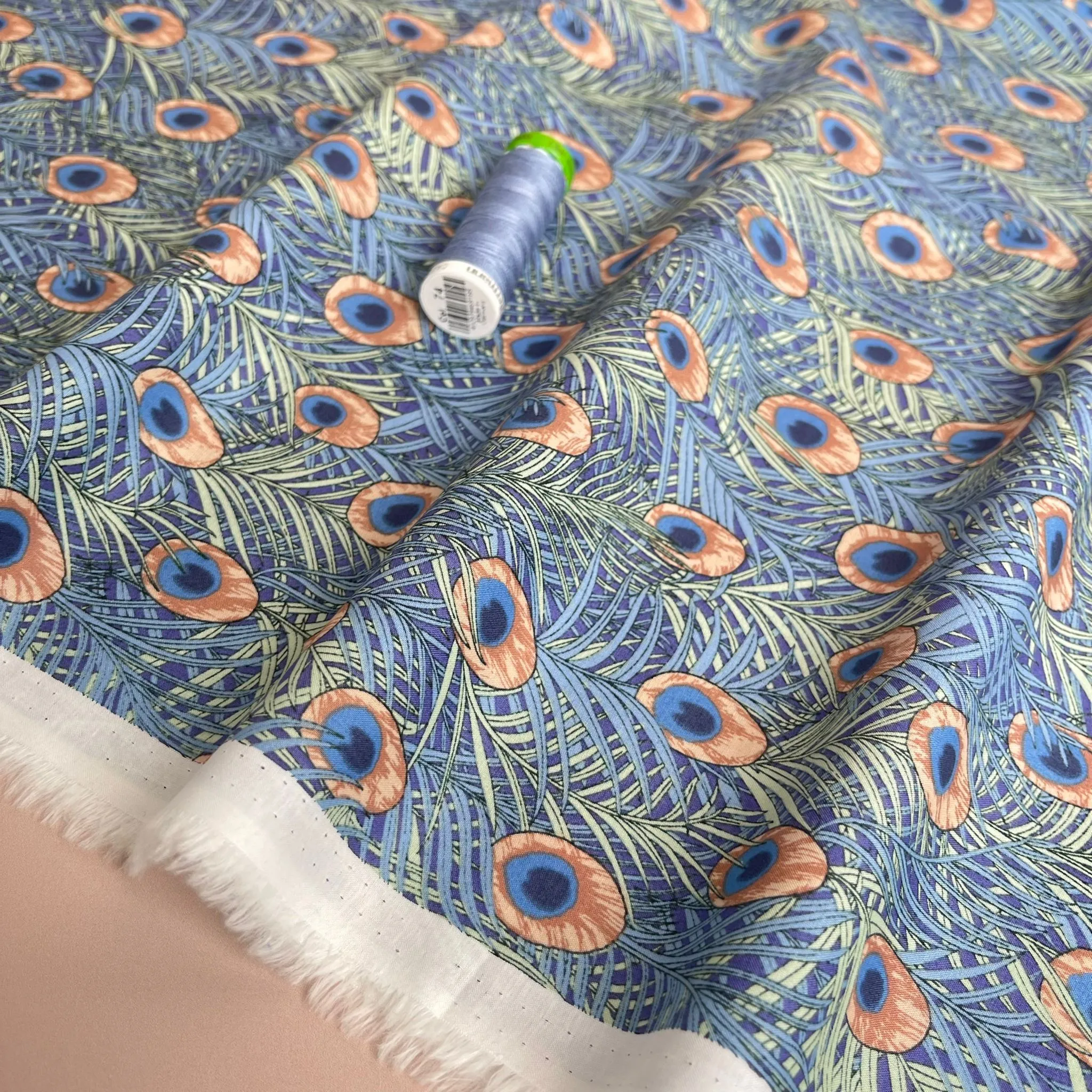 Peacock in Blue and Peach Cotton Lawn Fabric