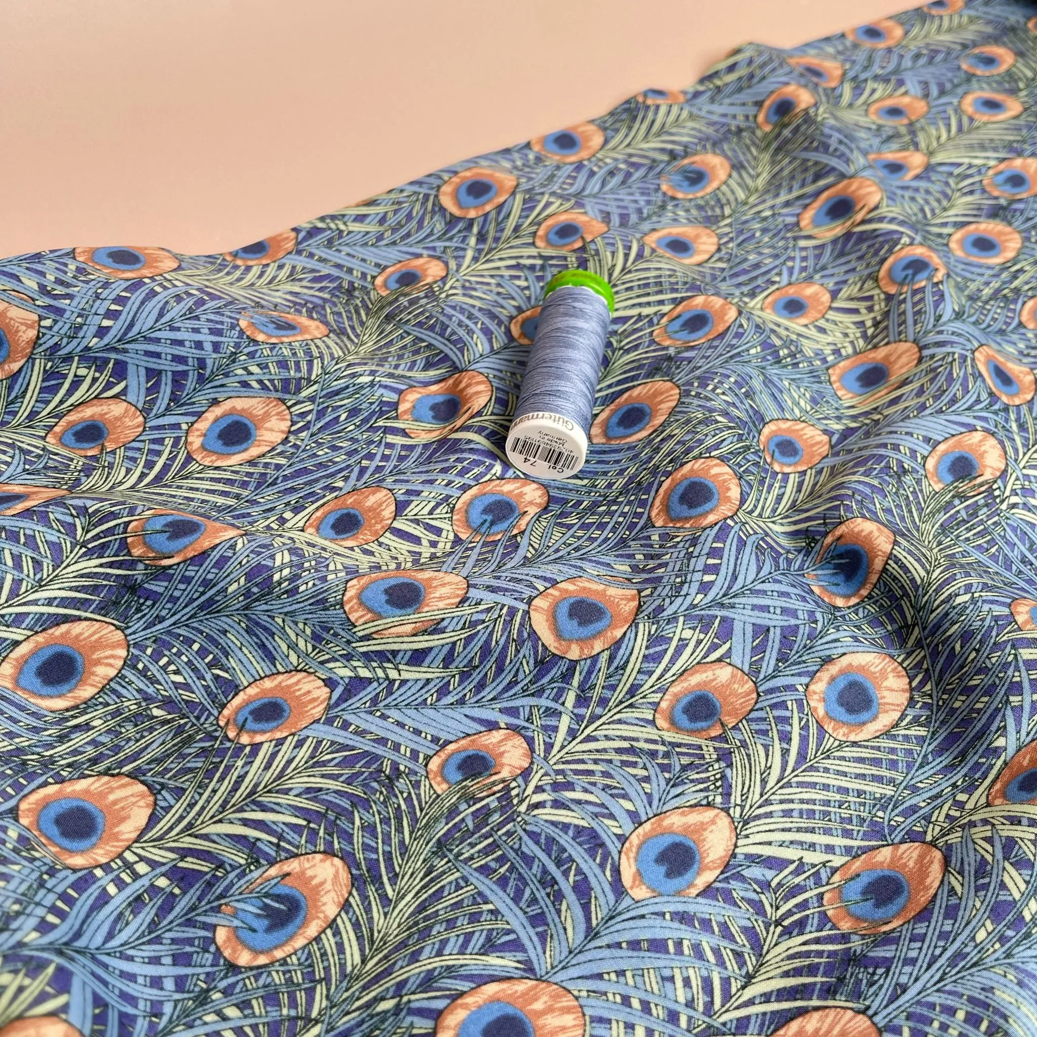 Peacock in Blue and Peach Cotton Lawn Fabric