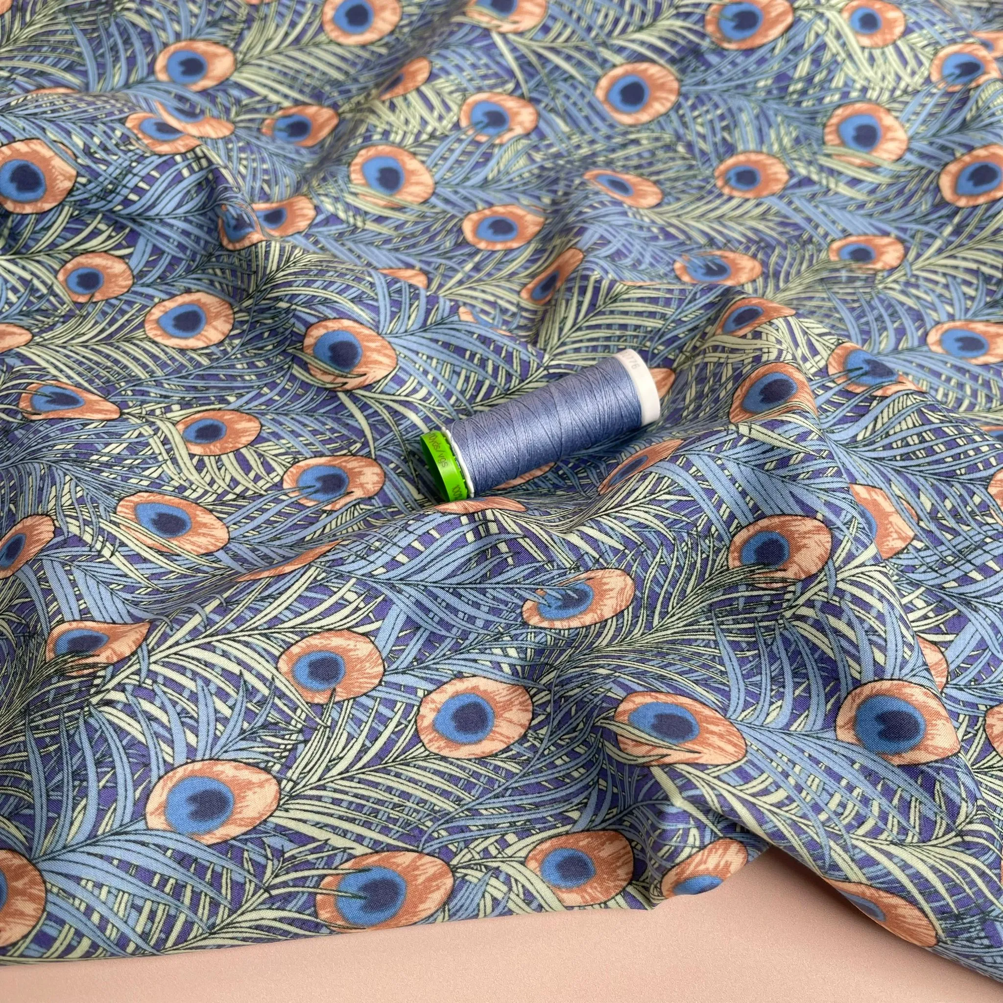 Peacock in Blue and Peach Cotton Lawn Fabric