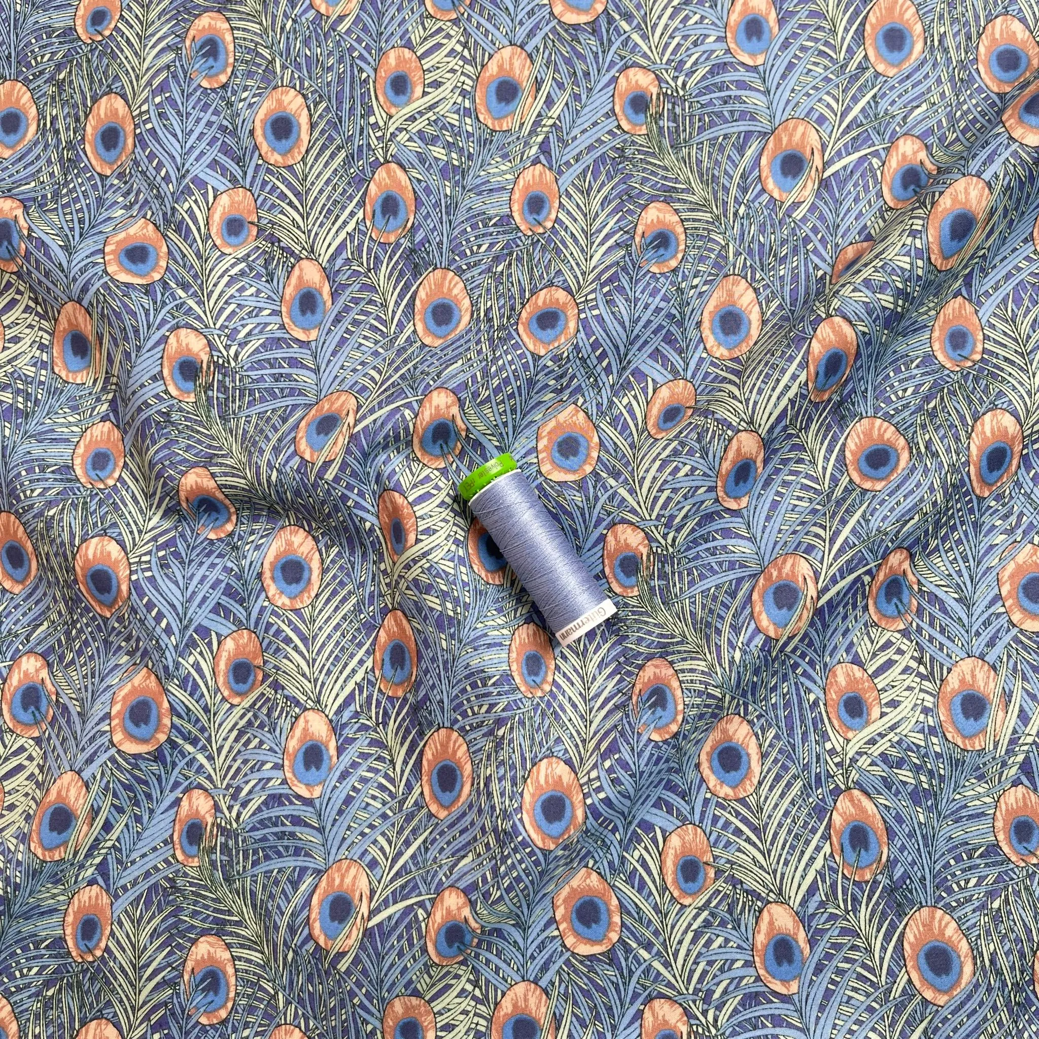 Peacock in Blue and Peach Cotton Lawn Fabric