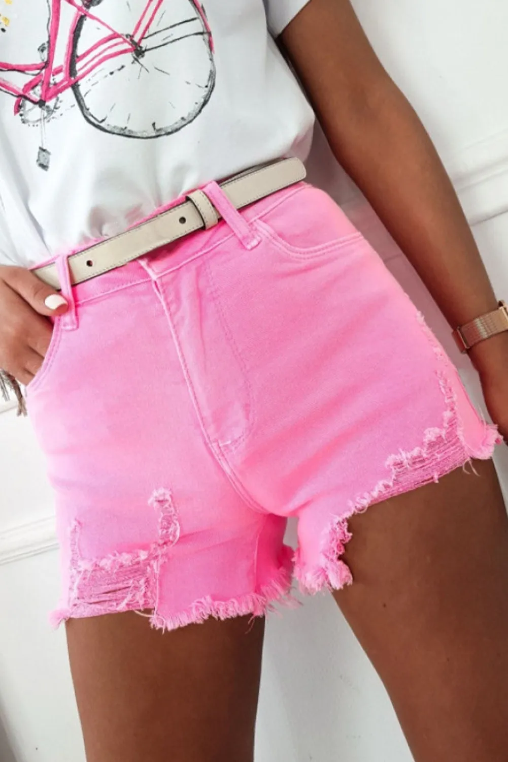 Pink Distressed Denim Shorts