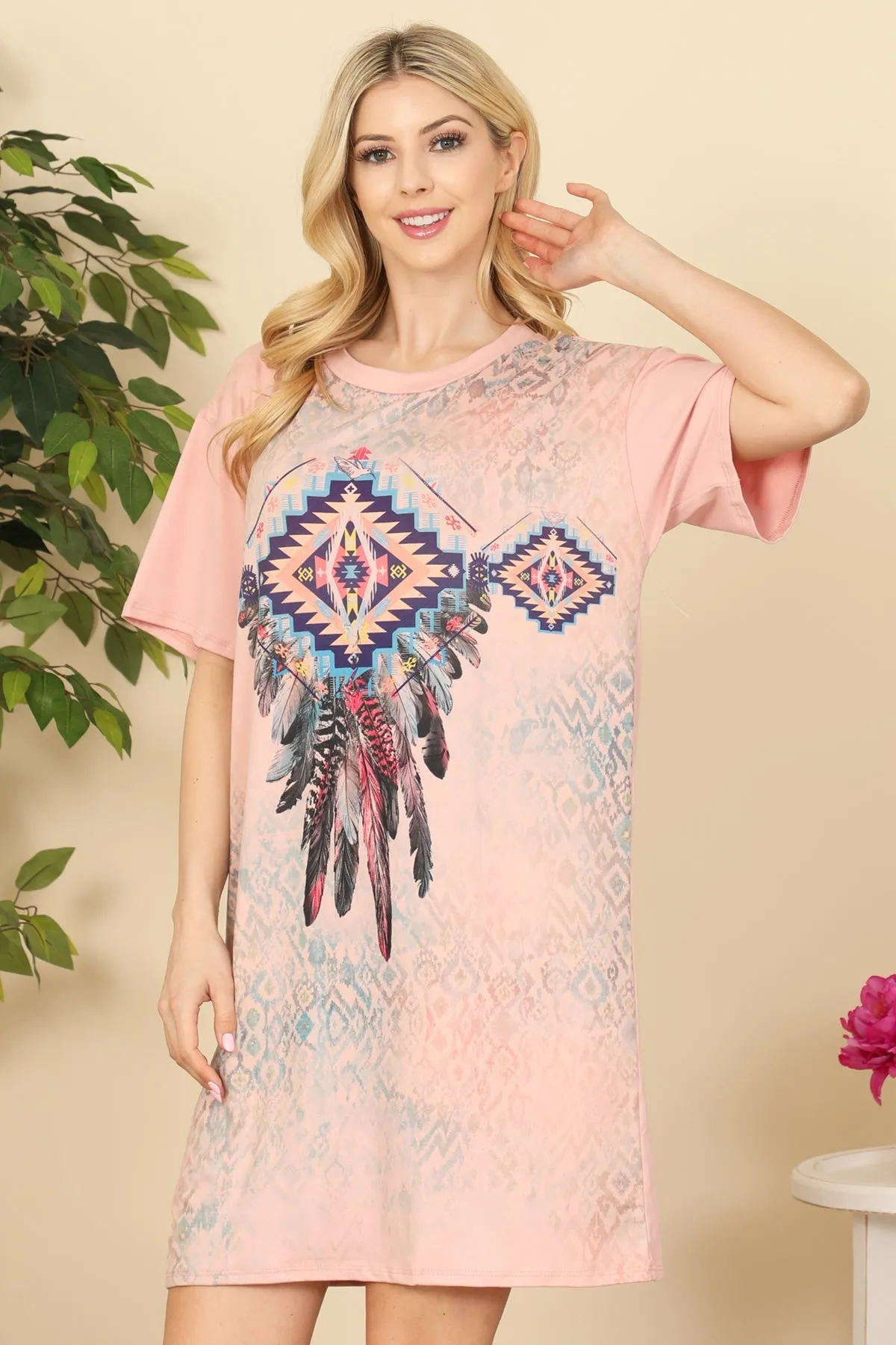 PINK FEATHER PRINT DRESS (NOW $3.50 ONLY!)