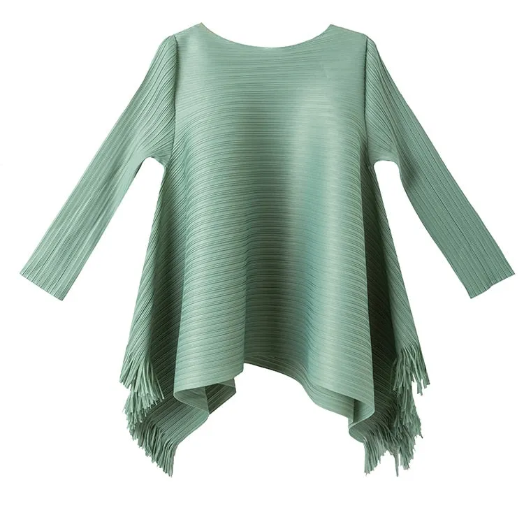 Pleated Blouses Tassels Asymmetrical Loose Top