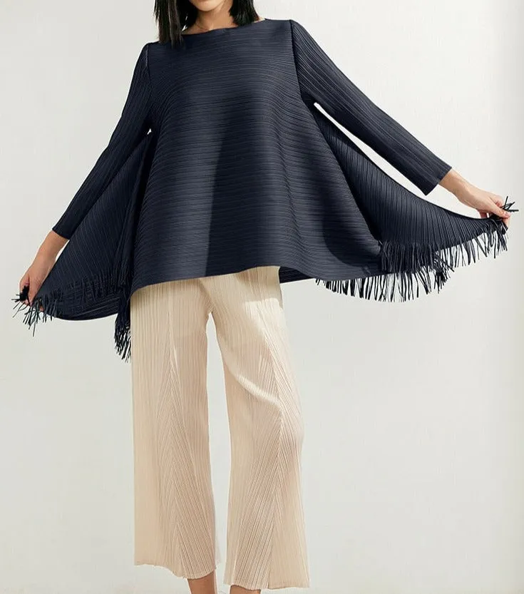 Pleated Blouses Tassels Asymmetrical Loose Top