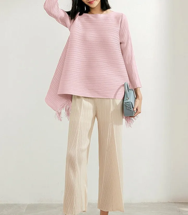 Pleated Blouses Tassels Asymmetrical Loose Top