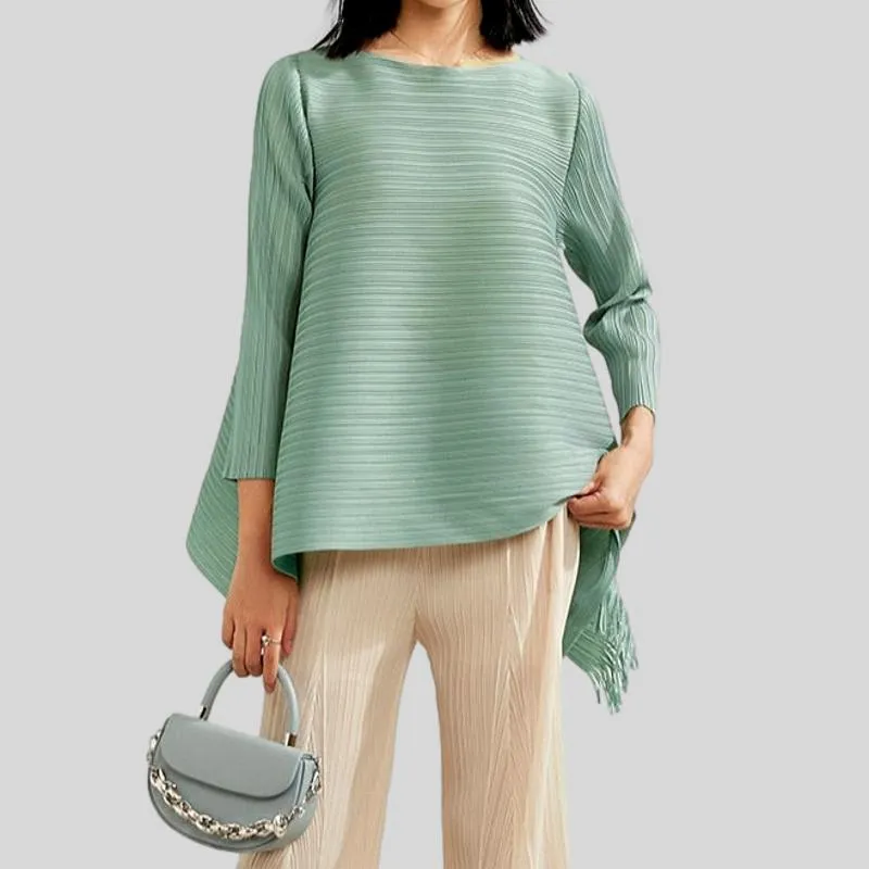 Pleated Blouses Tassels Asymmetrical Loose Top