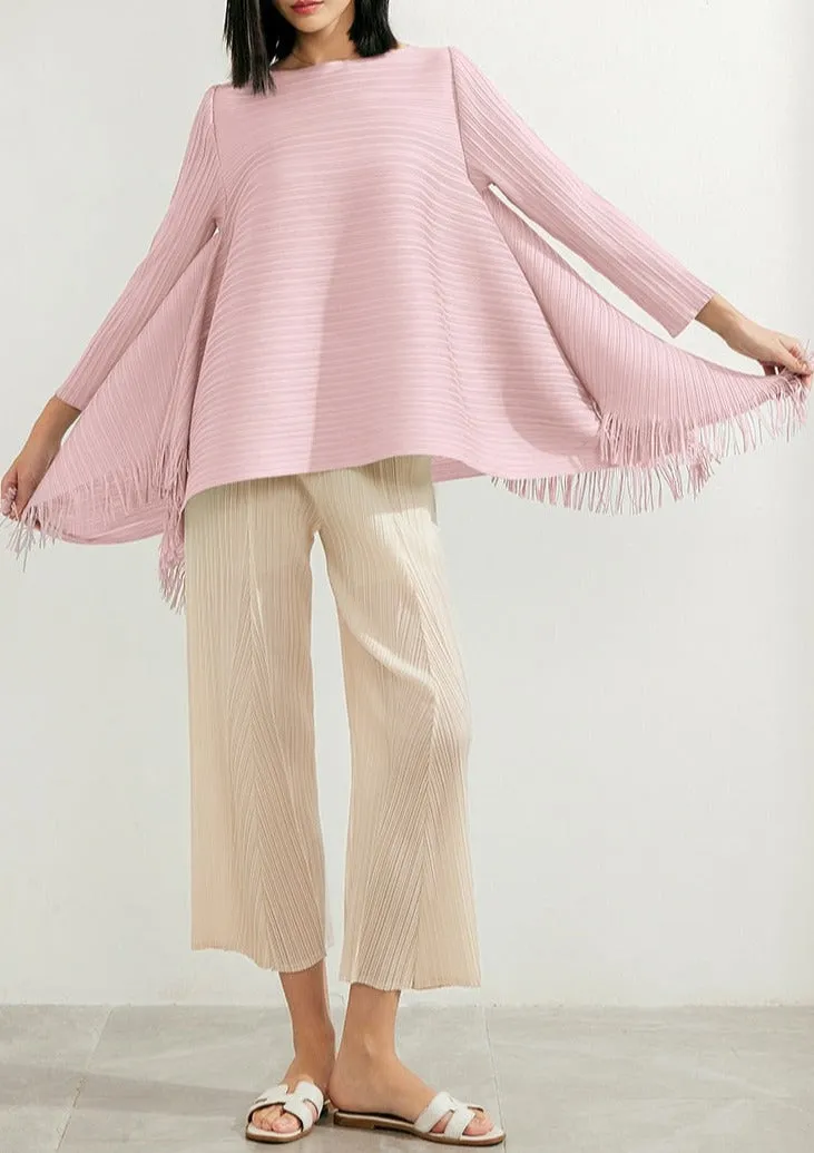 Pleated Blouses Tassels Asymmetrical Loose Top