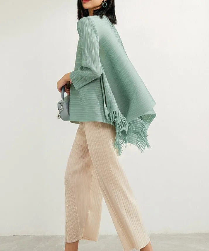 Pleated Blouses Tassels Asymmetrical Loose Top