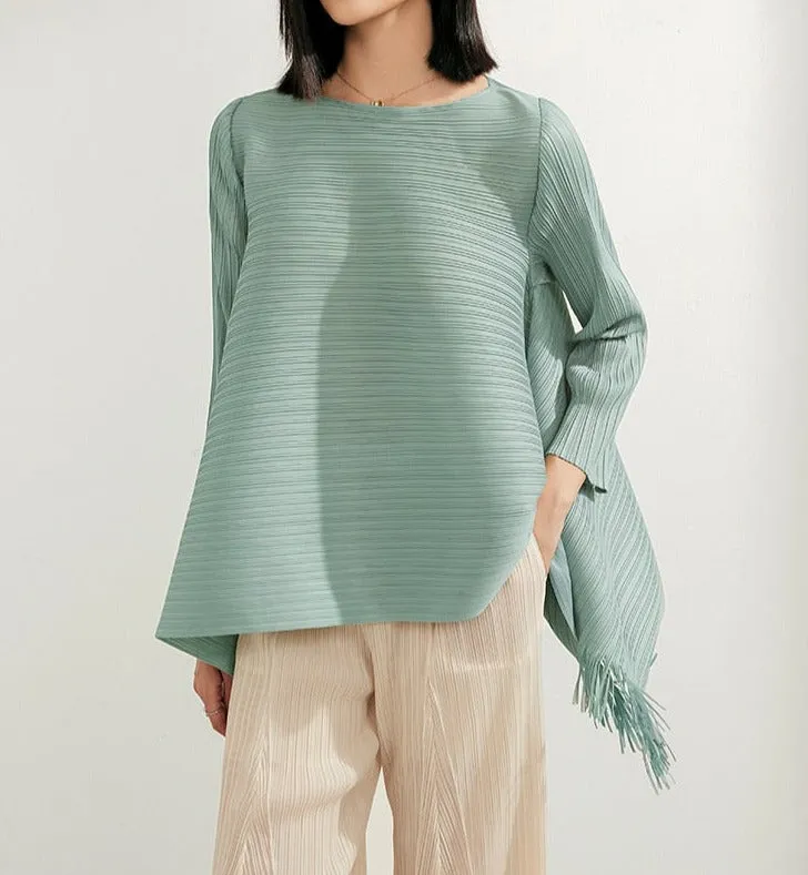 Pleated Blouses Tassels Asymmetrical Loose Top