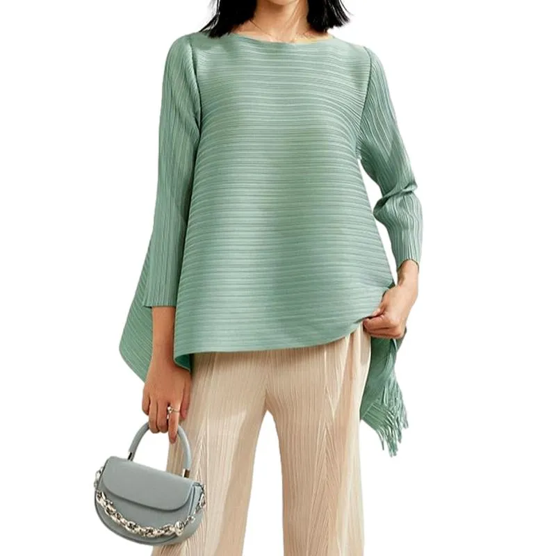 Pleated Blouses Tassels Asymmetrical Loose Top