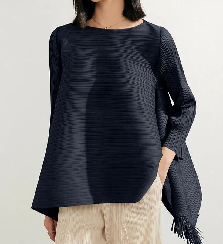 Pleated Blouses Tassels Asymmetrical Loose Top