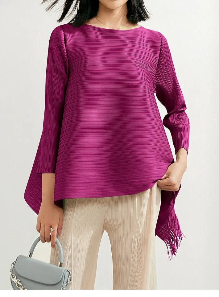 Pleated Blouses Tassels Asymmetrical Loose Top