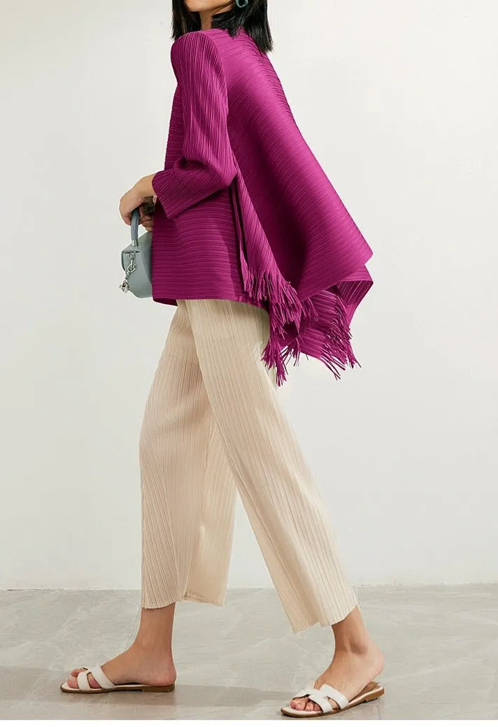 Pleated Blouses Tassels Asymmetrical Loose Top