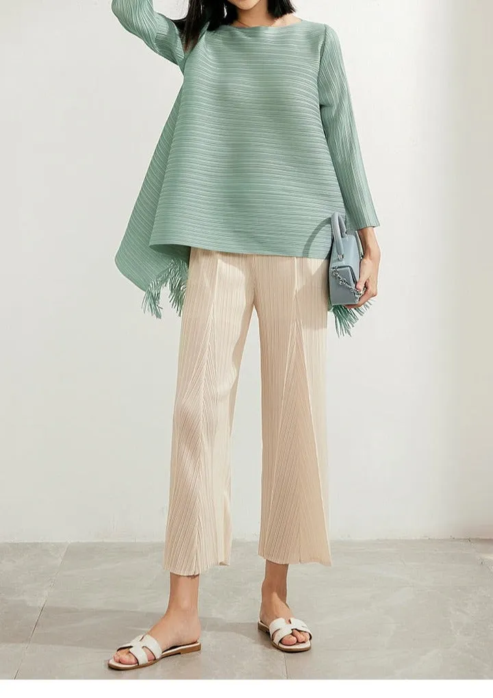 Pleated Blouses Tassels Asymmetrical Loose Top