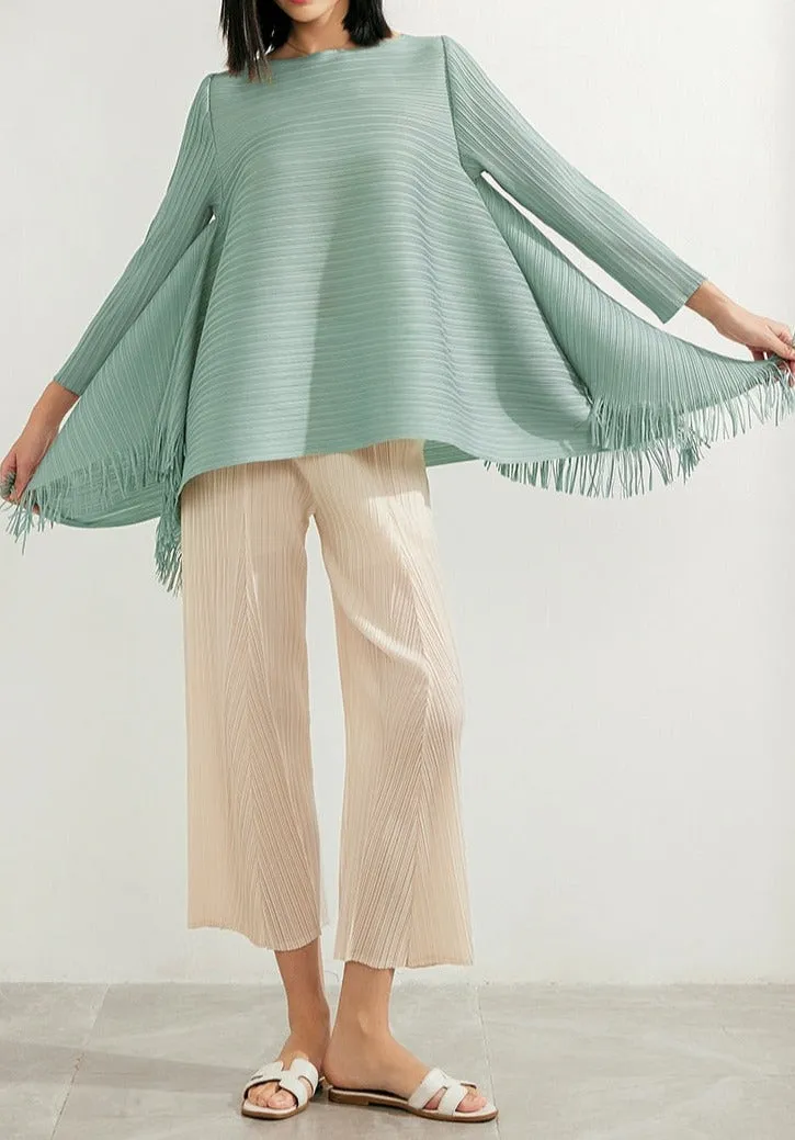 Pleated Blouses Tassels Asymmetrical Loose Top