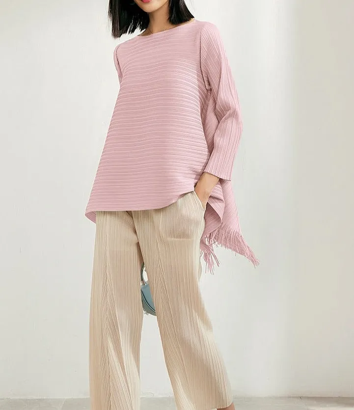 Pleated Blouses Tassels Asymmetrical Loose Top